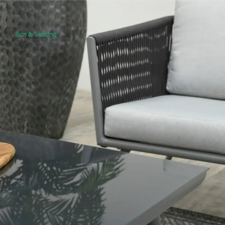 Teresa 5-Seater Outdoor Rope Patio Sofa Set with Glass Top Tables (Black &amp; Grey) Sofa Set