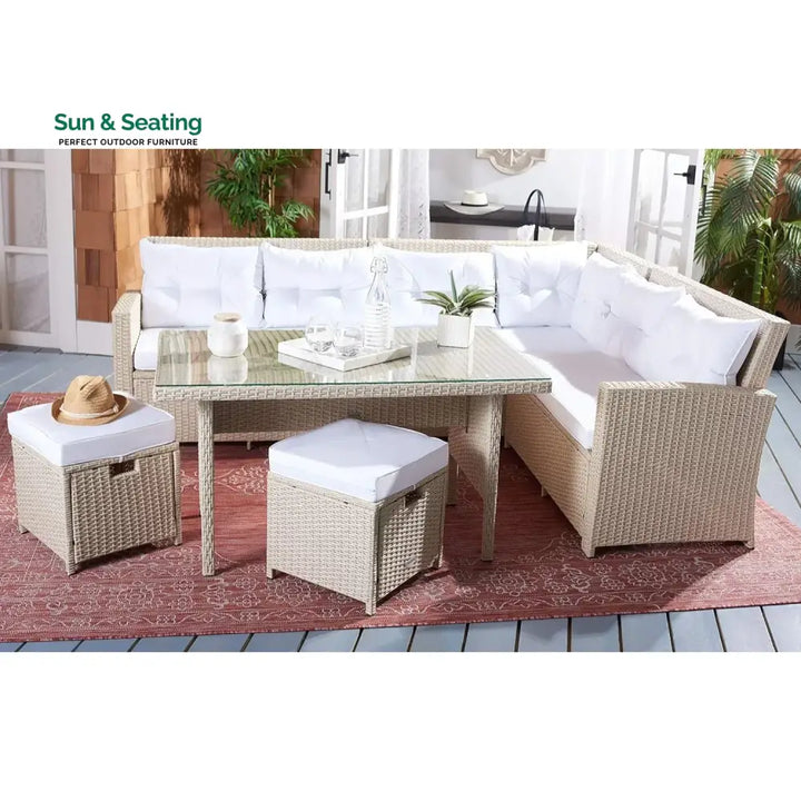 Tereza 5-Piece Wicker Patio Conversation Set (Beige/White) Sofa Set