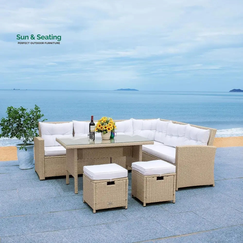 Tereza 5-Piece Wicker Patio Conversation Set (Beige/White) Sofa Set