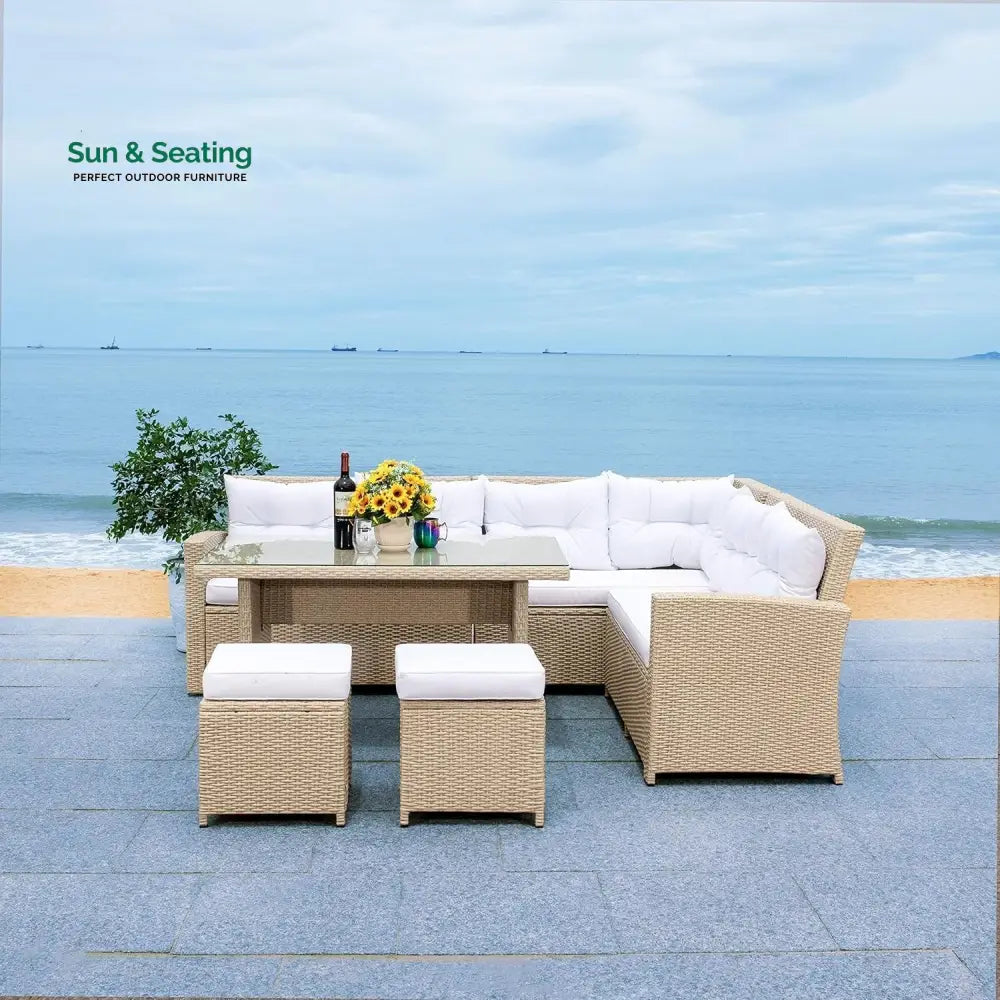 Tereza 5-Piece Wicker Patio Conversation Set (Beige/White) Sofa Set