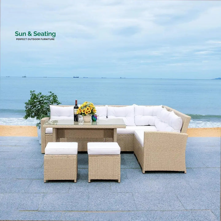 Tereza 5-Piece Wicker Patio Conversation Set (Beige/White) Sofa Set