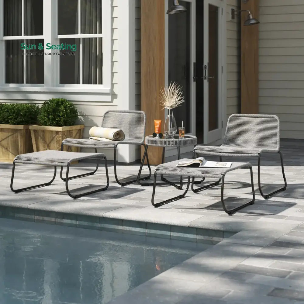Teufel Outdoor Patio Seating Set 2 Chairs 2 Footrest and 1 Table Set Braided & Rope Grey Coffee Table Sets