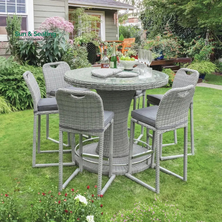 Thandi 7-Piece Outdoor Rattan Wicker Bar Set with Round Glass Top Table Bar Set