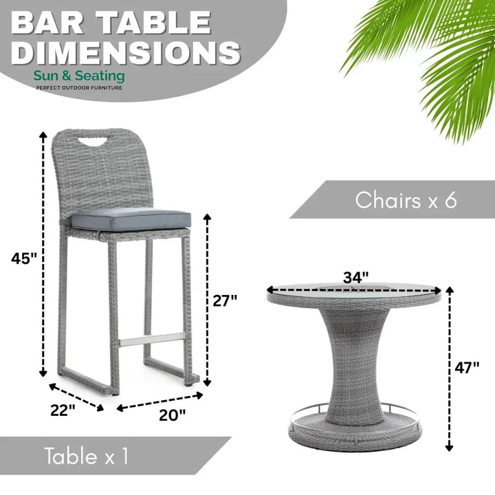 Thandi 7-Piece Outdoor Rattan Wicker Bar Set with Round Glass Top Table Bar Set