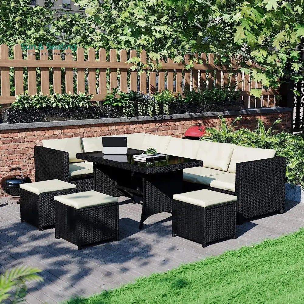Thea 6-Piece Outdoor Wicker Patio Dining Set – Black/Cream Sofa Set