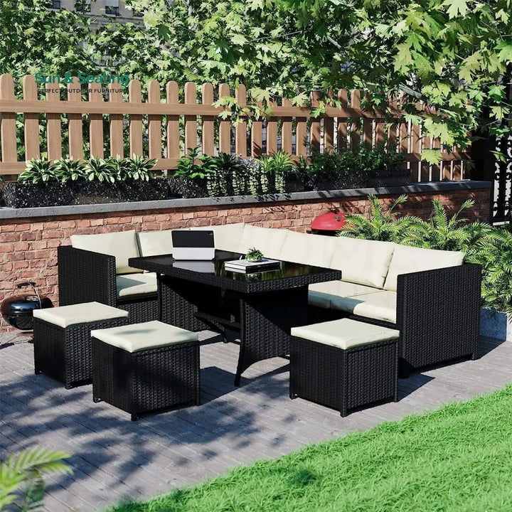Thea 6-Piece Outdoor Wicker Patio Dining Set – Black/Cream Sofa Set