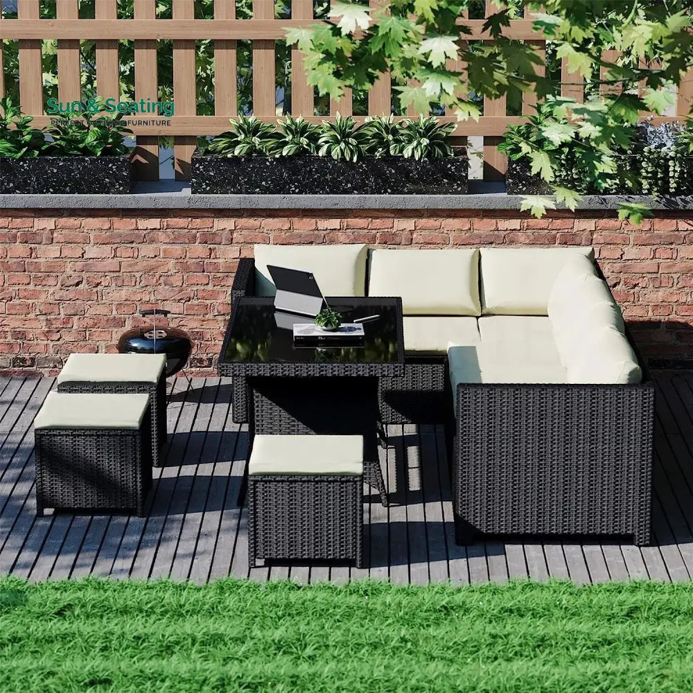 Thea 6-Piece Outdoor Wicker Patio Dining Set – Black/Cream Sofa Set