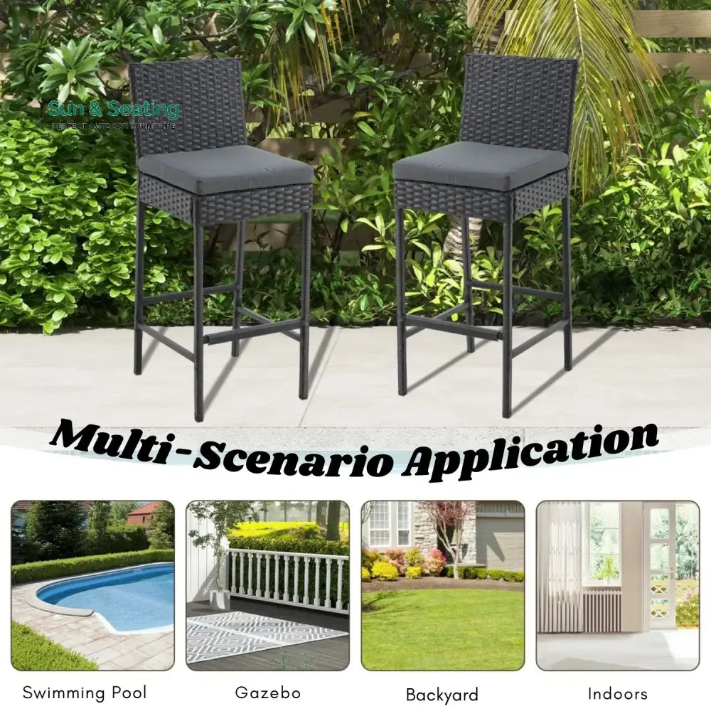 Thekla Outdoor Rattan Wicker Bar Chairs Set of 2 Bar Chairs