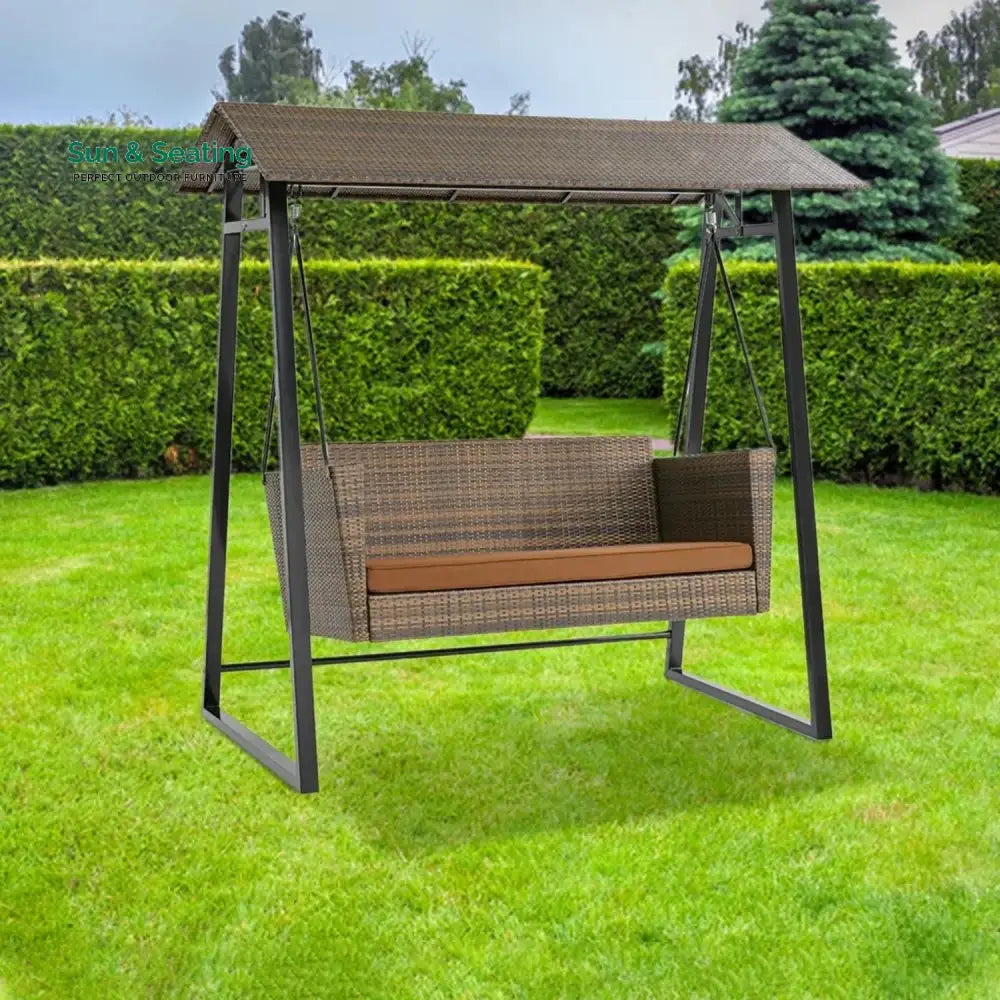 Tigist All Weather Wicker 2-Seat Patio Swing Chair with Shade & Cushions Swing