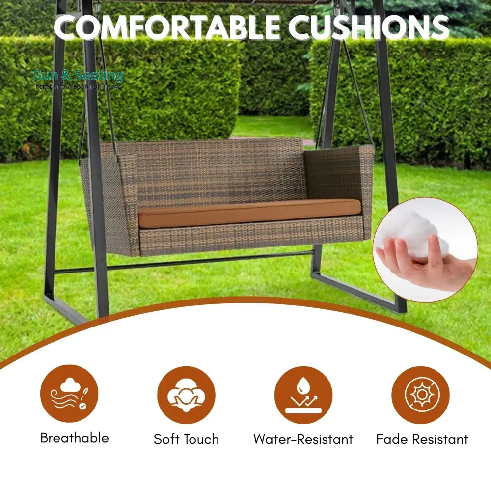 Tigist All Weather Wicker 2-Seat Patio Swing Chair with Shade &amp; Cushions Swing