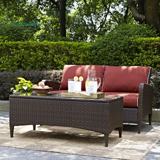 Tino Outdoor 2 seater Sofa and 1 Center Table (Dark Brown + Red) Sofa Sets