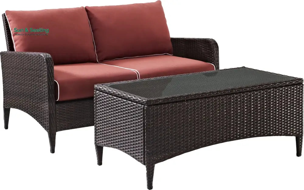 Tino Outdoor 2 seater Sofa and 1 Center Table (Dark Brown + Red) Sofa Sets
