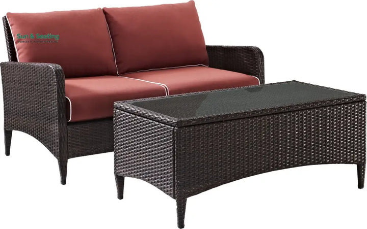 Tino Outdoor 2 seater Sofa and 1 Center Table (Dark Brown + Red) Sofa Sets