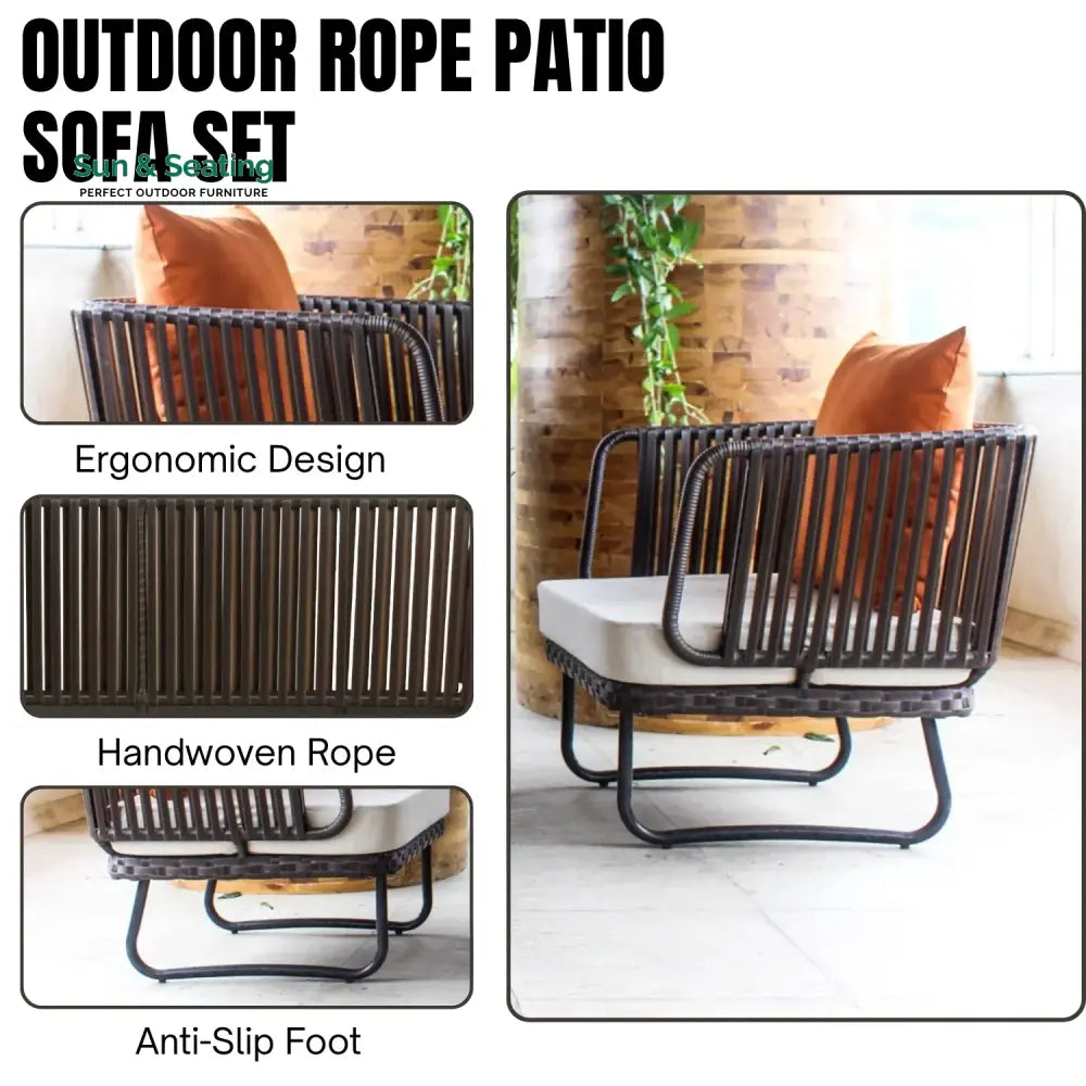 Tinsley Outdoor Rope 4-Piece Patio Sofa Set with Wicker Top Table (Brown &amp; White) Sofa Set
