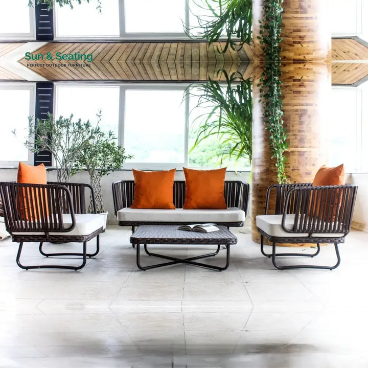 Tinsley Outdoor Rope 4-Piece Patio Sofa Set with Wicker Top Table (Brown &amp; White) Sofa Set