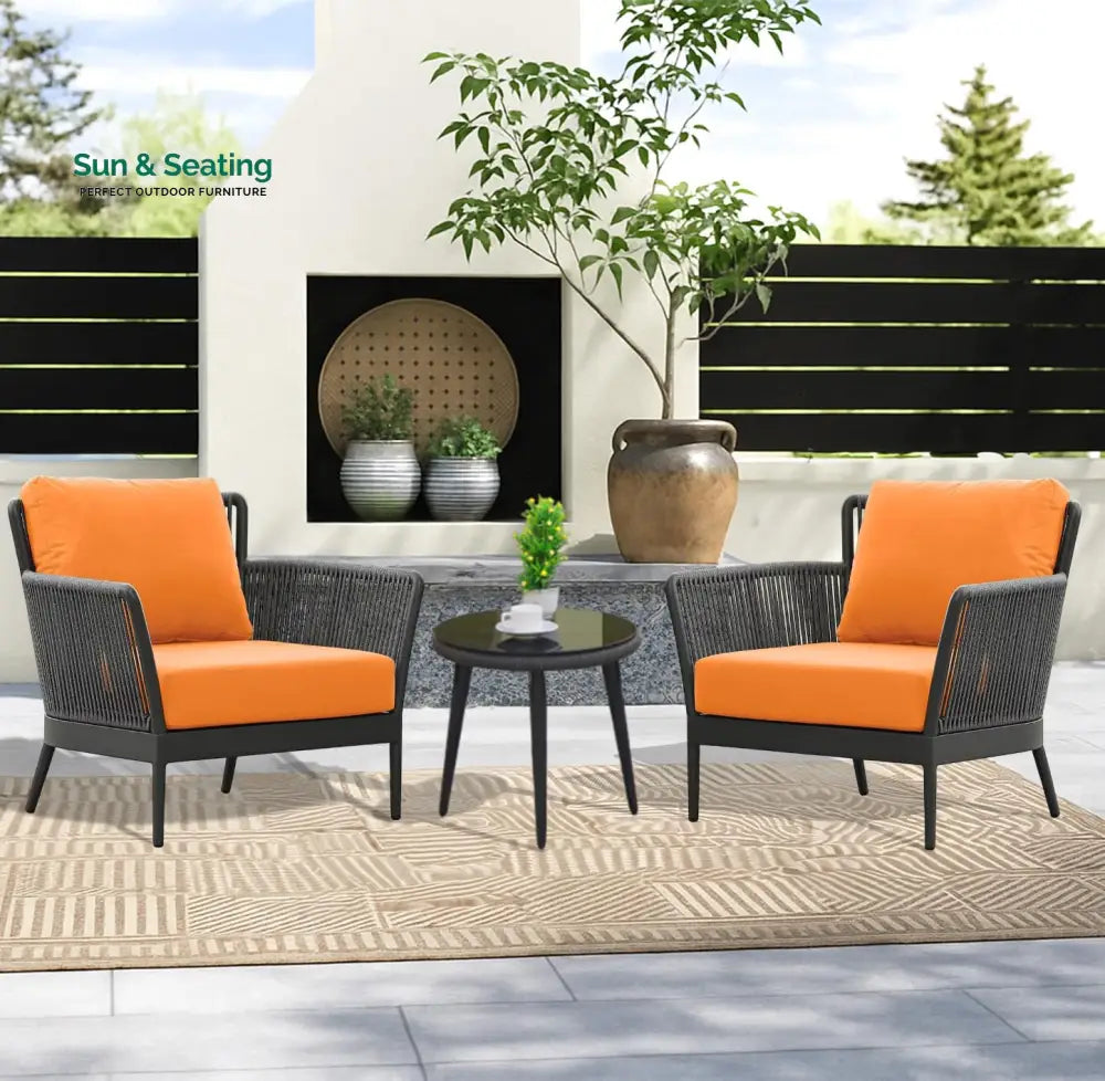 Tito Outdoor Patio Seating Set 2 Chairs and 1 Table Set (ORANGE) Braided & Rope Coffee Table Sets