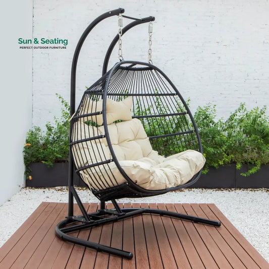 Tonia Double Seater Hanging Swing With Stand For Balcony Garden Swing (Black) Braided and Rope Beige Swings