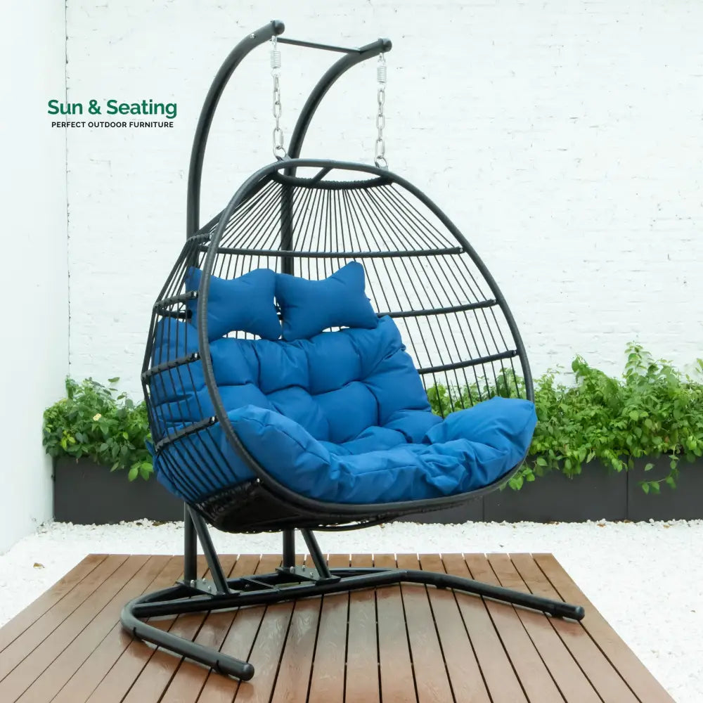 Tonia Double Seater Hanging Swing With Stand For Balcony Garden Swing (Black) Braided and Rope Blue Swings