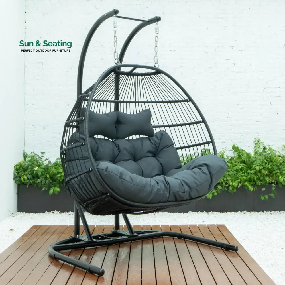 Tonia Double Seater Hanging Swing With Stand For Balcony Garden Swing (Black) Braided and Rope Charcoal Swings