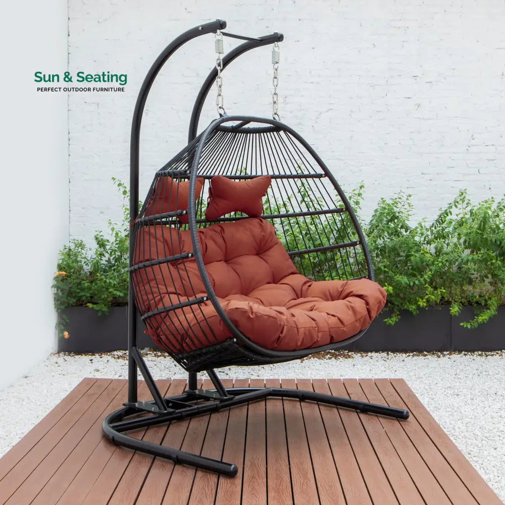 Tonia Double Seater Hanging Swing With Stand For Balcony Garden Swing (Black) Braided and Rope Dark Orange Swings