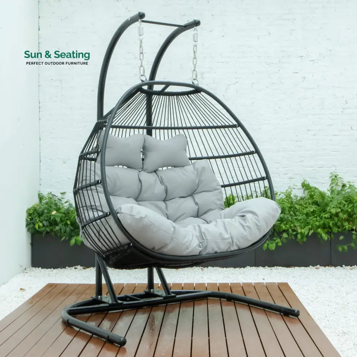 Tonia Double Seater Hanging Swing With Stand For Balcony Garden Swing (Black) Braided and Rope Light Grey Swings