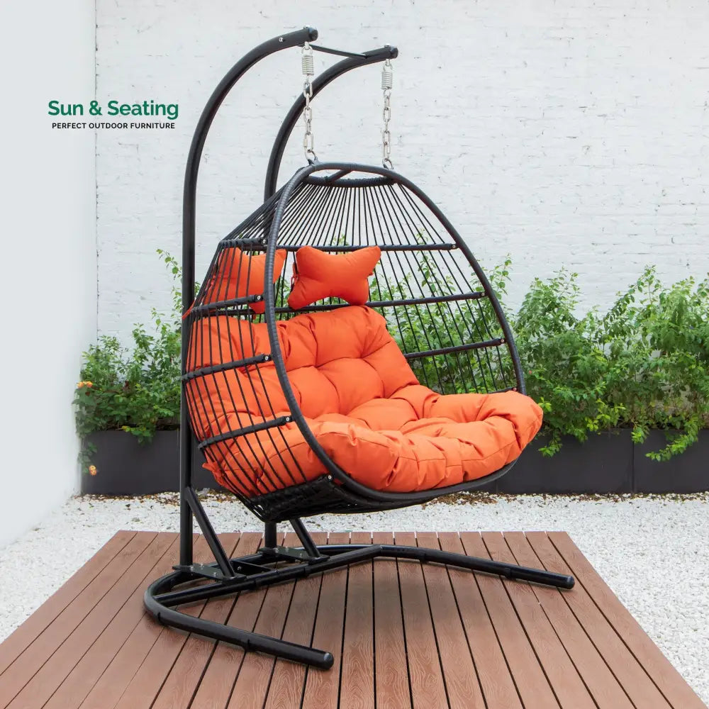 Tonia Double Seater Hanging Swing With Stand For Balcony Garden Swing (Black) Braided and Rope Orange Swings