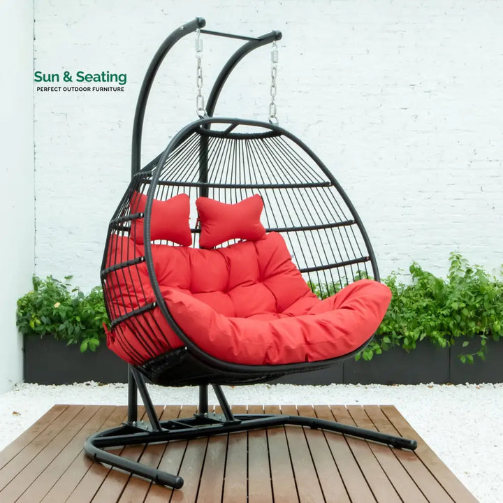 Tonia Double Seater Hanging Swing With Stand For Balcony Garden Swing (Black) Braided and Rope Red Swings