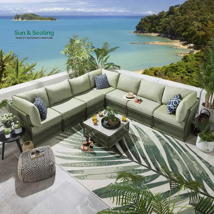 Torrez Outdoor Sofa Set 7 Seater 1 Center Table Set (Green) Braided &amp; Rope Sofa Sets