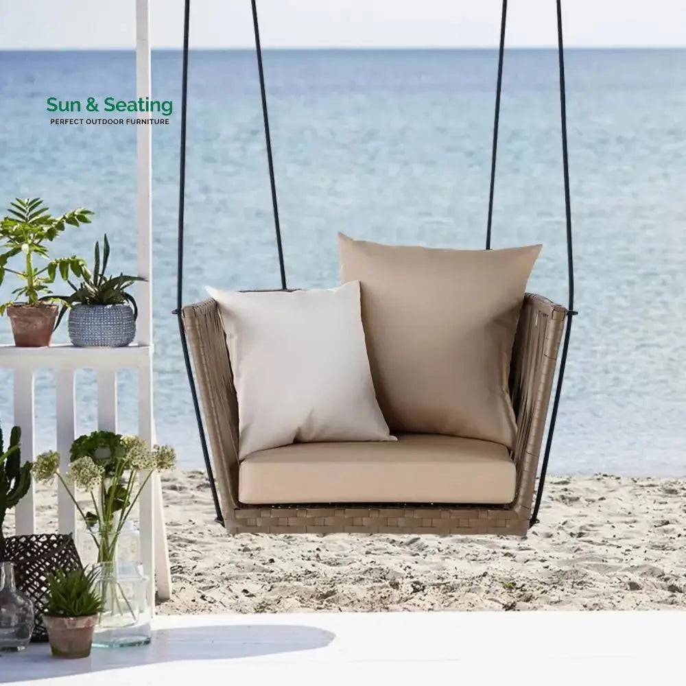 Traditional Porch Outdoor Rattan Garden Swing Chair with Beige Cushion Swing