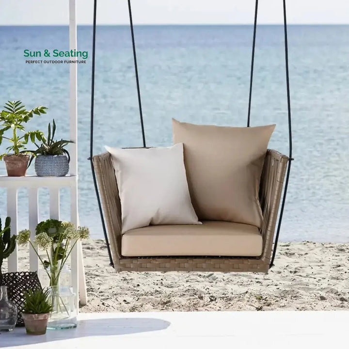 Traditional Porch Outdoor Rattan Garden Swing Chair with Beige Cushion Swing