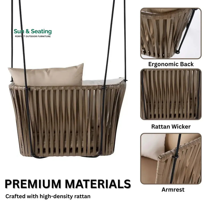 Traditional Porch Outdoor Rattan Garden Swing Chair with Beige Cushion Swing