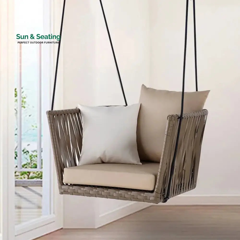 Traditional Porch Outdoor Rattan Garden Swing Chair with Beige Cushion Swing
