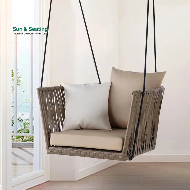 Traditional Porch Outdoor Rattan Garden Swing Chair with Beige Cushion Swing