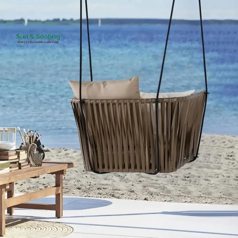 Traditional Porch Outdoor Rattan Garden Swing Chair with Beige Cushion Swing