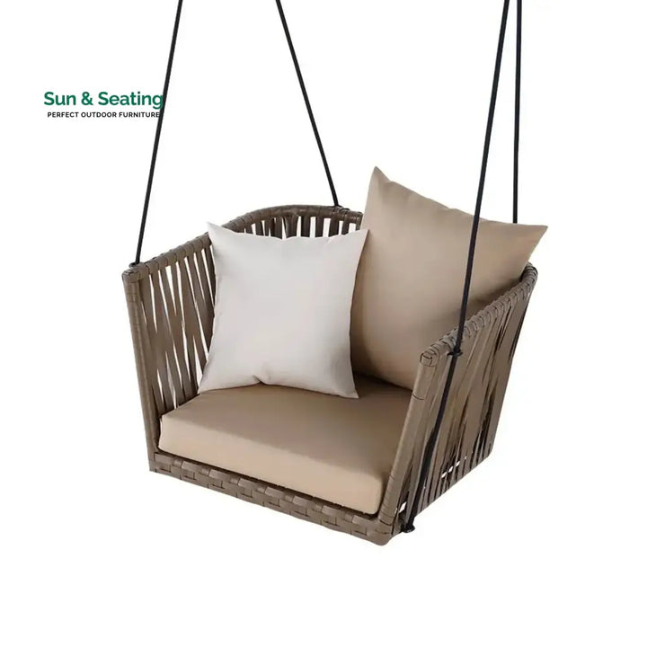 Traditional Porch Outdoor Rattan Garden Swing Chair with Beige Cushion Swing