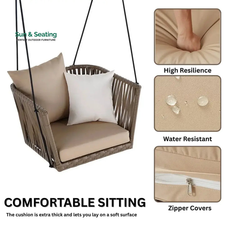 Traditional Porch Outdoor Rattan Garden Swing Chair with Beige Cushion Swing