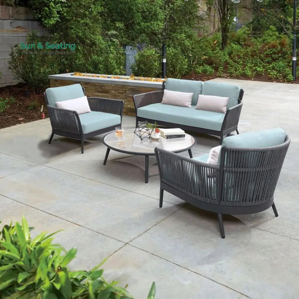 Trecla Outdoor Garden Balcony Sofa Set 2 Seater 2 Single Seater 1 Center Table Set (Dark Grey) Braided and Rope Sofa
