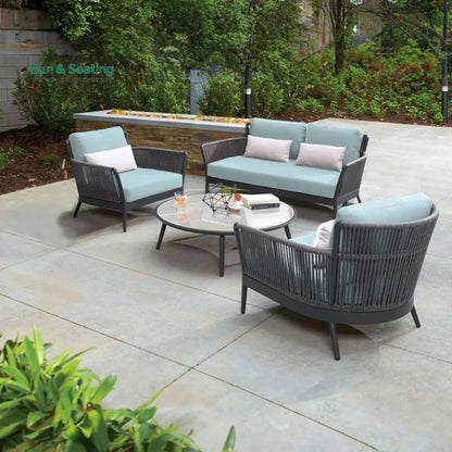 Trecla Outdoor Garden Balcony Sofa Set 2 Seater 2 Single Seater 1 Center Table Set (Dark Grey) Braided and Rope Sofa