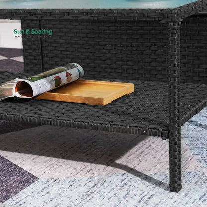 Tress Outdoor Garden Balcony Sofa Set 2 Seater 2 Single seater With 2 Ottoman 1 Center Table 1 Side Table Set (Black)