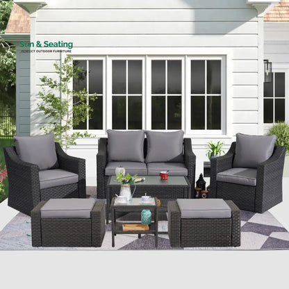 Tress Outdoor Garden Balcony Sofa Set 2 Seater 2 Single seater With 2 Ottoman 1 Center Table 1 Side Table Set (Black)