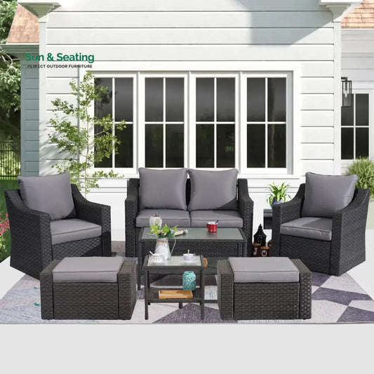 Tress Outdoor Garden Balcony Sofa Set 2 Seater 2 Single seater With 2 Ottoman 1 Center Table 1 Side Table Set (Black)
