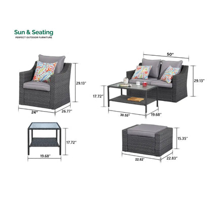 Tress Outdoor Garden Balcony Sofa Set 2 Seater 2 Single seater With 2 Ottoman 1 Center Table 1 Side Table Set (Black)