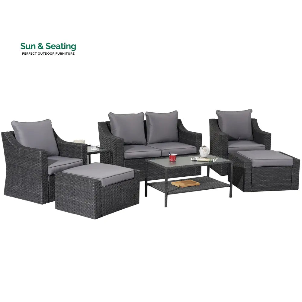 Tress Outdoor Garden Balcony Sofa Set 2 Seater 2 Single seater With 2 Ottoman 1 Center Table 1 Side Table Set (Black)
