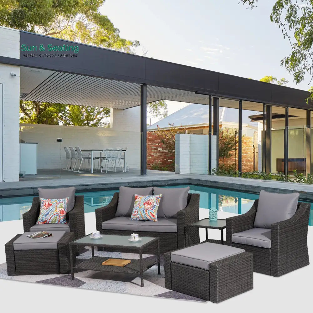 Tress Outdoor Garden Balcony Sofa Set 2 Seater 2 Single seater With 2 Ottoman 1 Center Table 1 Side Table Set (Black)