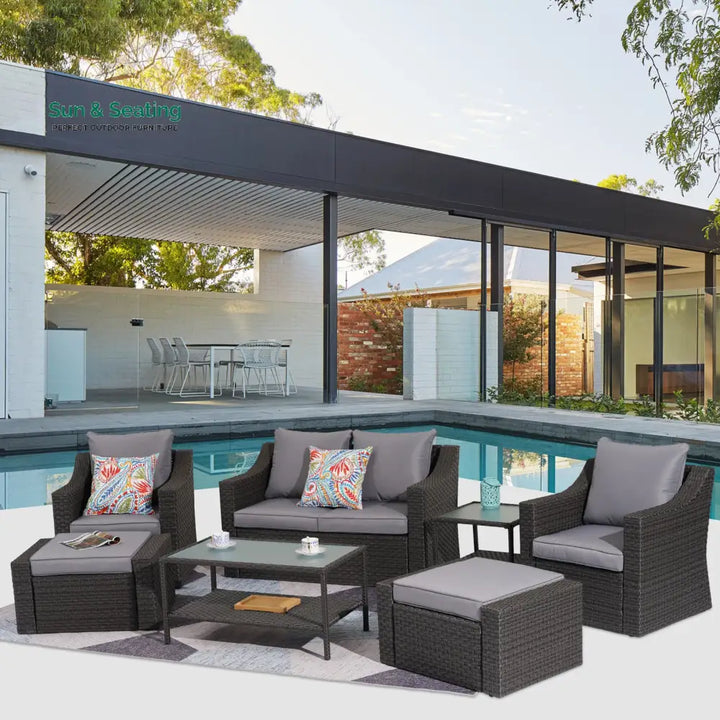 Tress Outdoor Garden Balcony Sofa Set 2 Seater 2 Single seater With 2 Ottoman 1 Center Table 1 Side Table Set (Black)