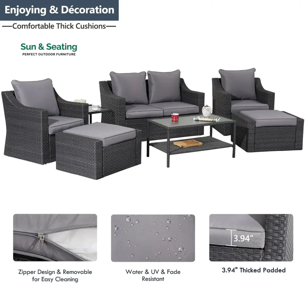 Tress Outdoor Garden Balcony Sofa Set 2 Seater 2 Single seater With 2 Ottoman 1 Center Table 1 Side Table Set (Black)