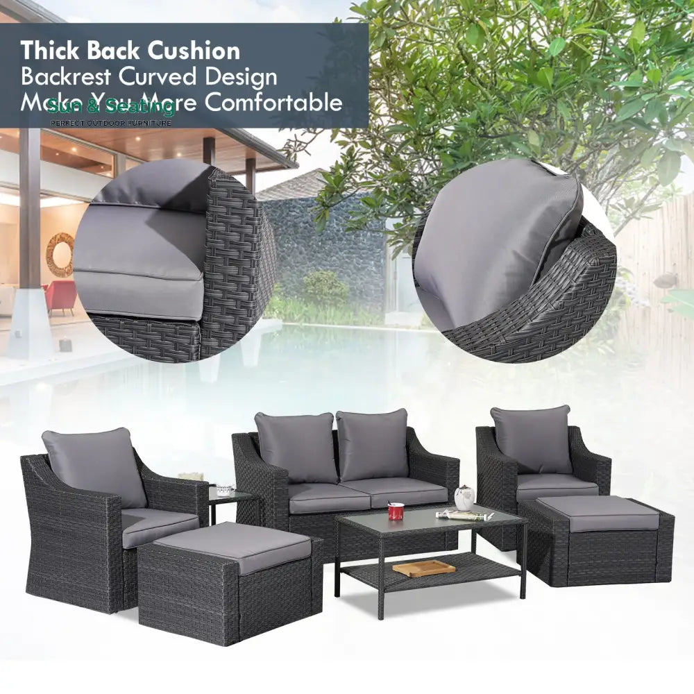 Tress Outdoor Garden Balcony Sofa Set 2 Seater 2 Single seater With 2 Ottoman 1 Center Table 1 Side Table Set (Black)
