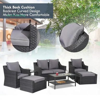 Tress Outdoor Garden Balcony Sofa Set 2 Seater 2 Single seater With 2 Ottoman 1 Center Table 1 Side Table Set (Black)