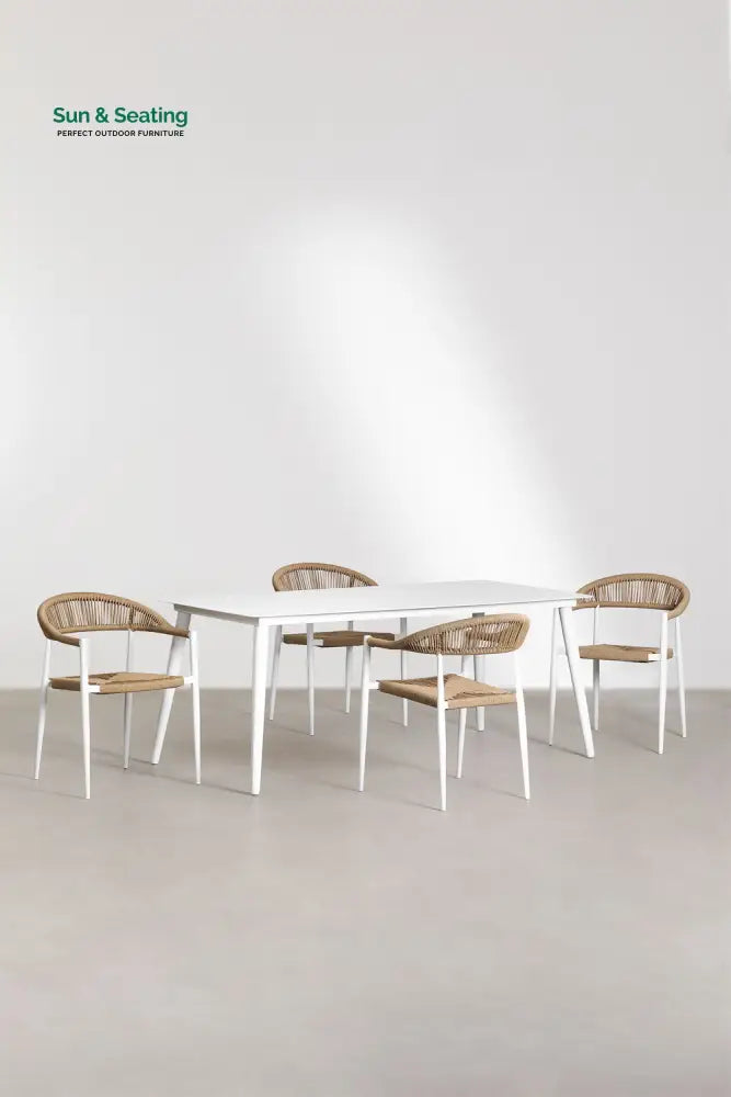 Trinidad Outdoor Patio Dining Seating Set 4 Chairs and 1 Table Set (White) Braided &amp; Rope Dining sets
