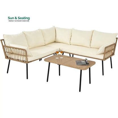 Tyamo Outdoor Garden Balcony Sofa Set 5 Seater and 1 Center Table Set (Tan + Beige) Sofa Sets